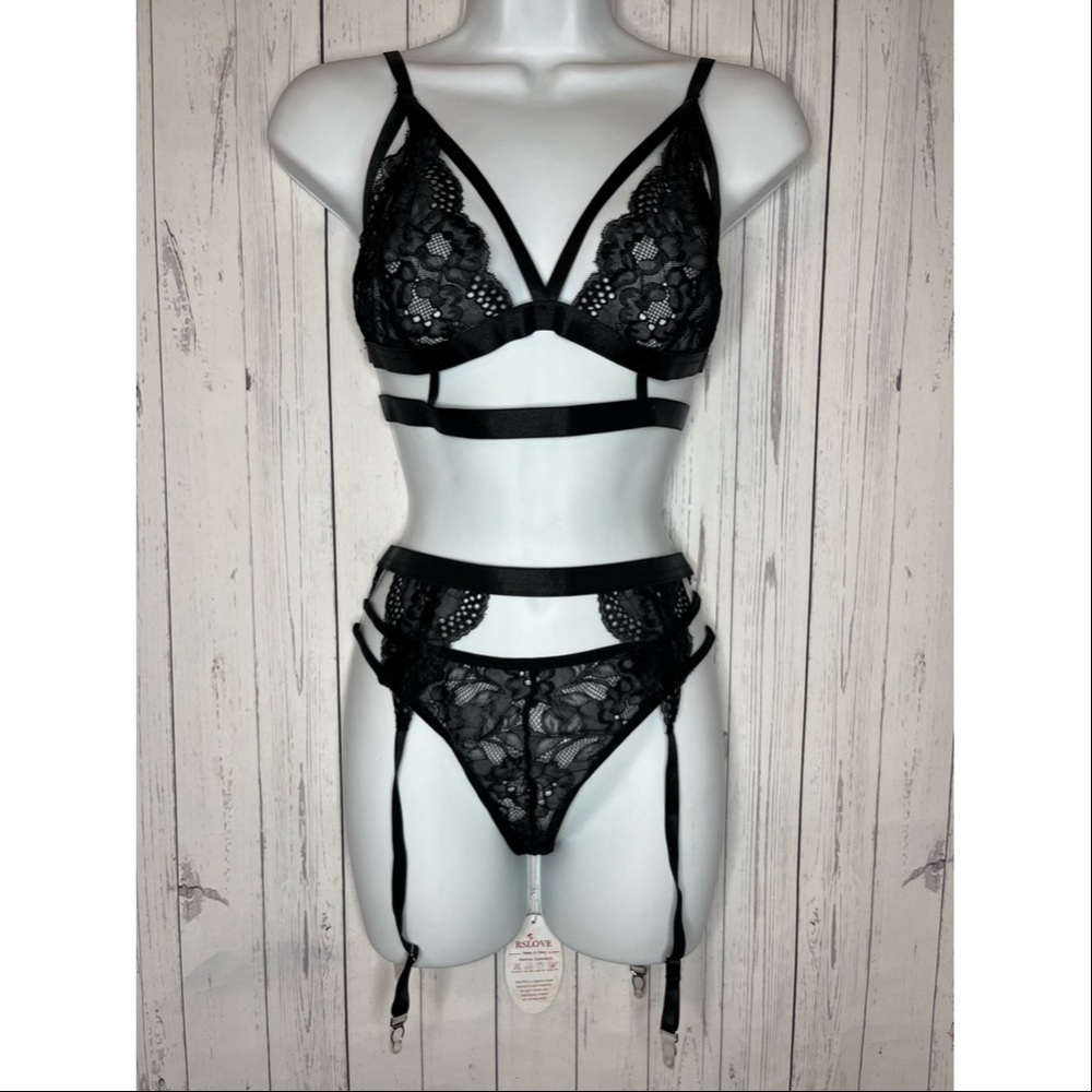 RSLOVE Women’s Size Small Black Lace Lingerie 3 Piece Set With Garter Belt
